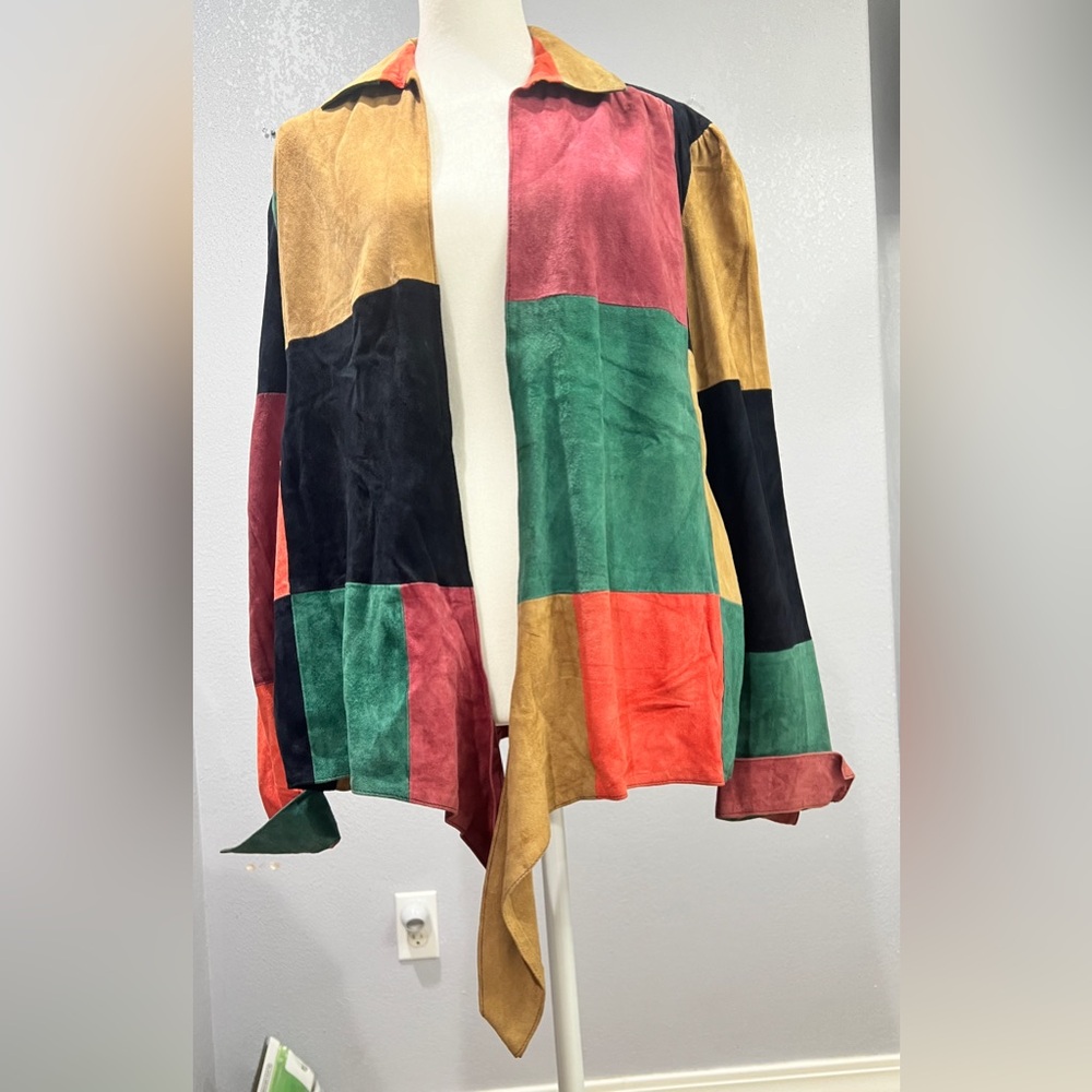 JUDITH ANN Creations 1980s Patchwork 100% Leather Tie Jacket